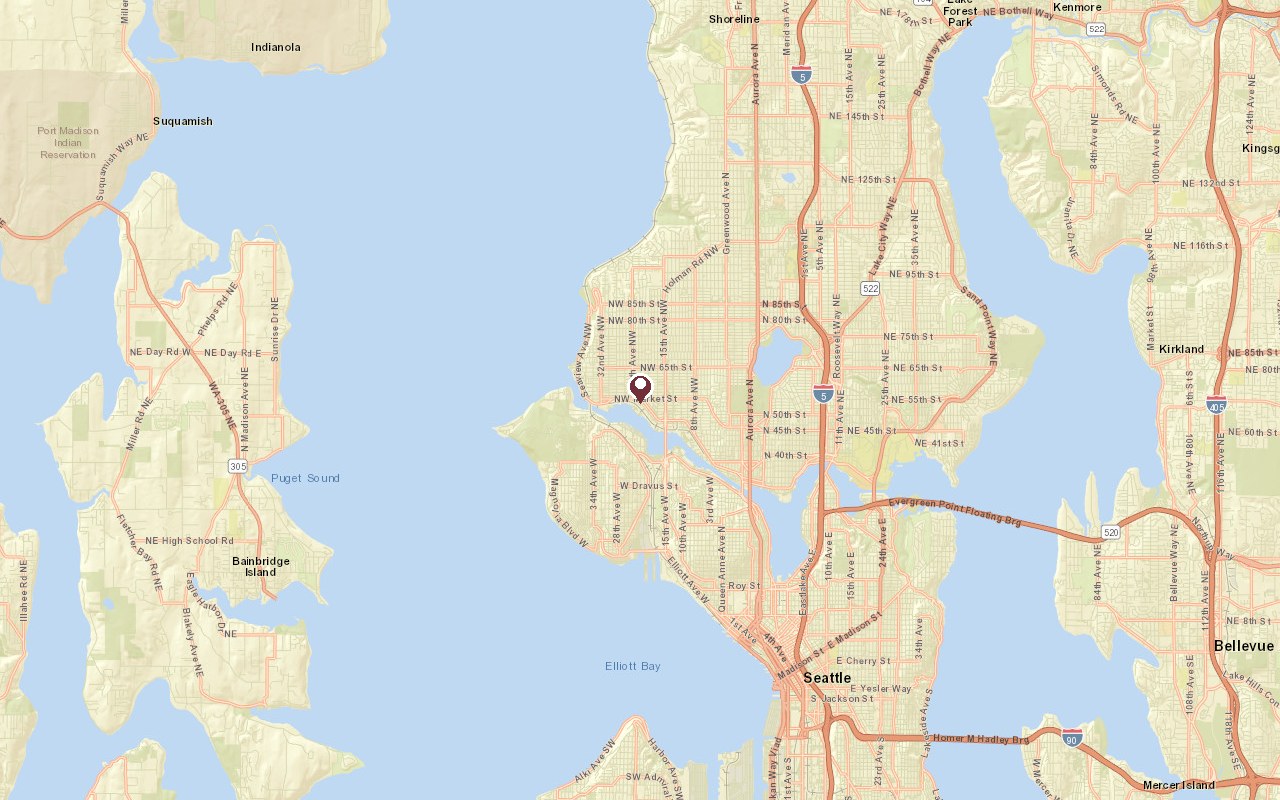 Map of Ballard in context, with a pin on the Ballard core and Downtown Seattle to the southeast