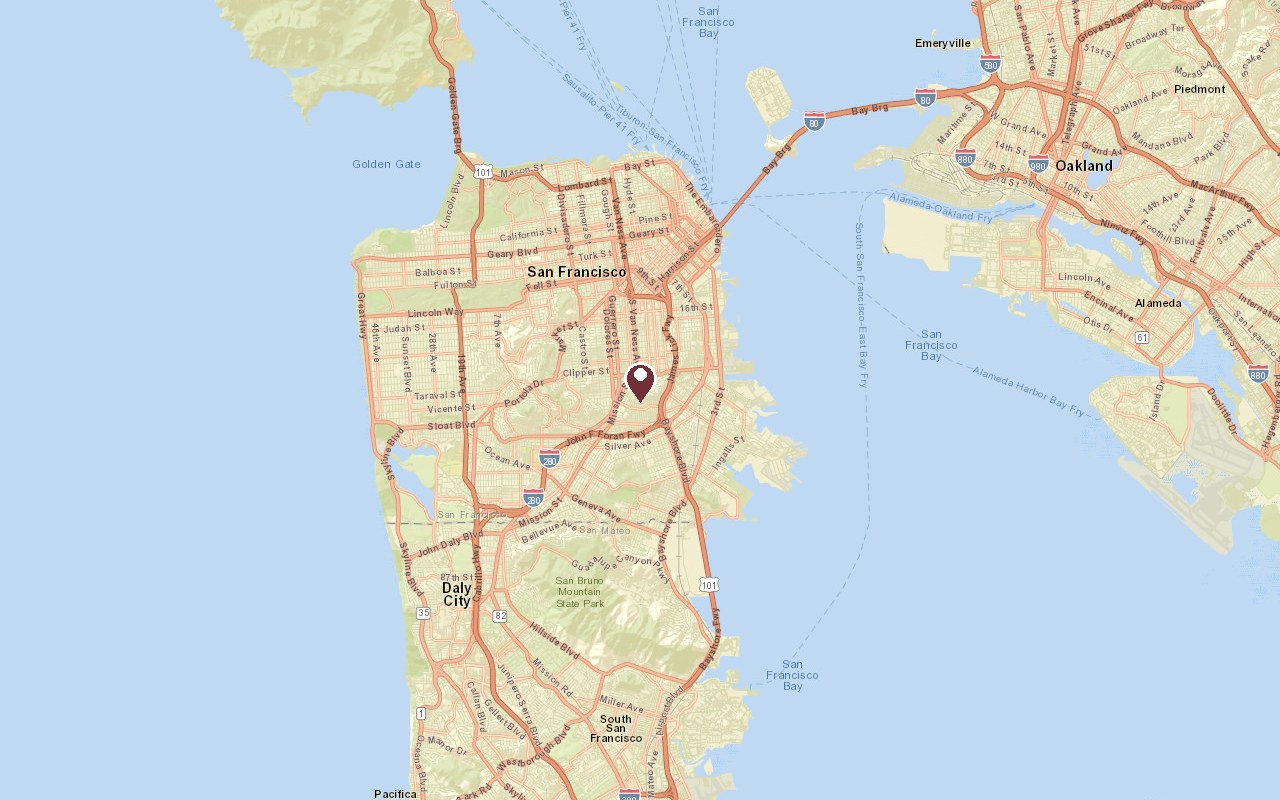 Map of Bernal Heights, San Francisco in context, with a pin on the neighborhood and downtown San Francisco to the north