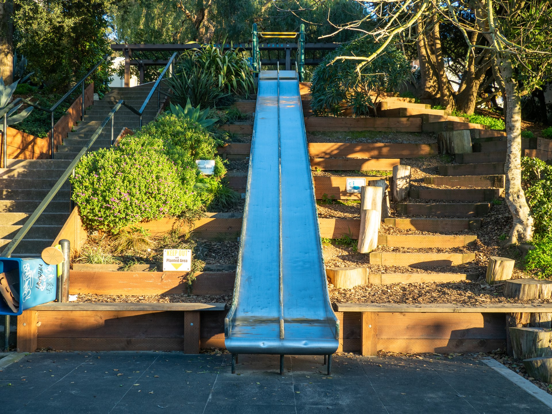 The twin Esmeralda slides at Esmeralda Slide Park in Bernal Heights, San Francisco
