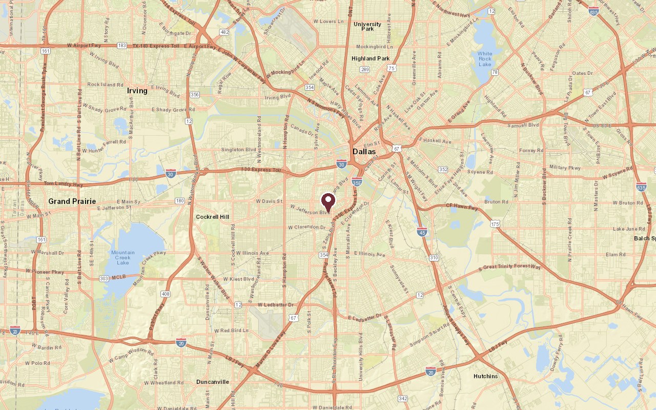 Map of the Bishop Arts District in context, with a pin on the neighborhood and Downtown Dallas to the northeast