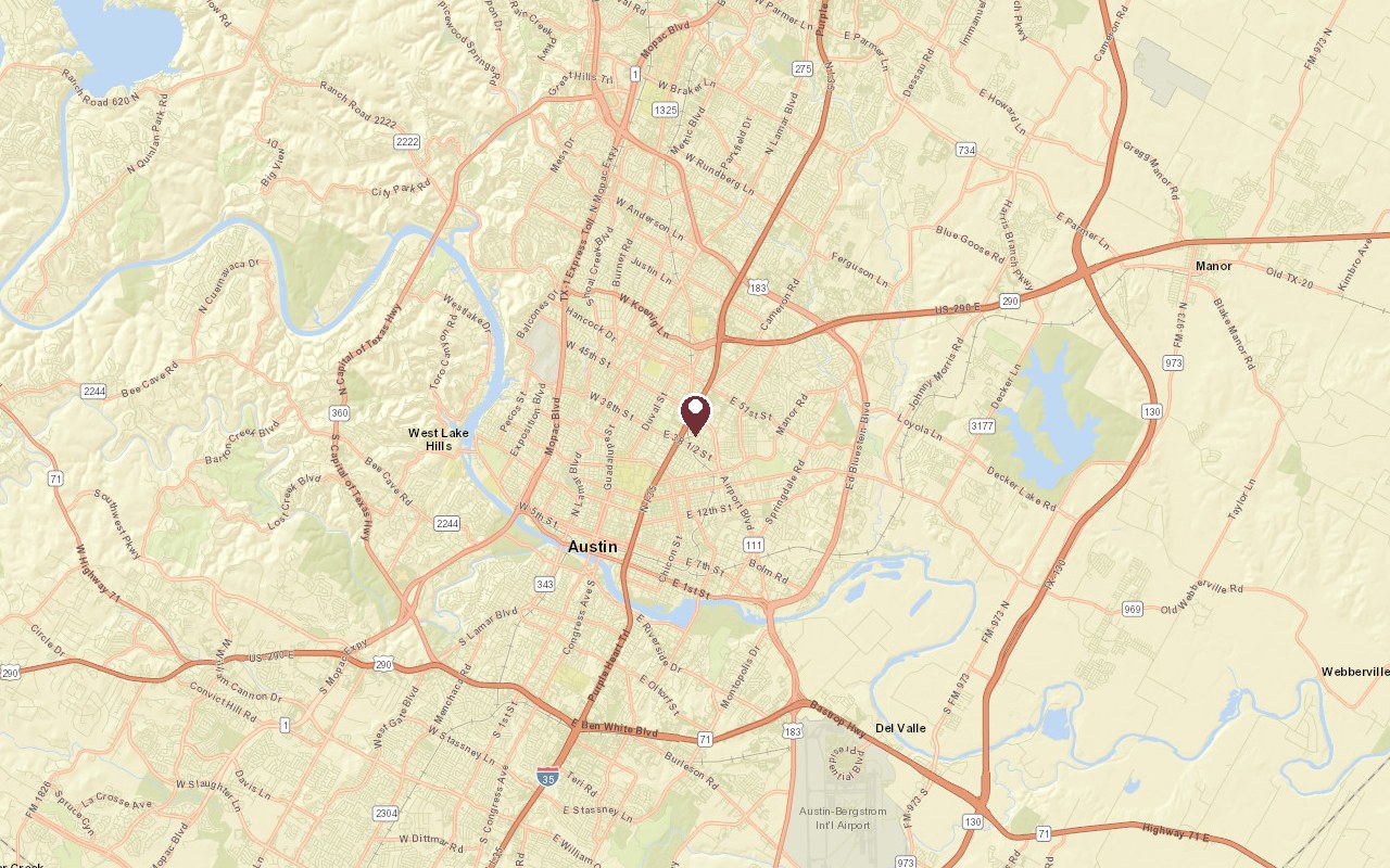 Map of Cherrywood, Austin in context, with a pin on the neighborhood, downtown Austin southwest and the Mueller development east