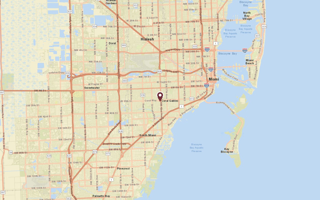Map of Coral Gables in context, with a pin on Miracle Mile and Downtown Miami to the northeast
