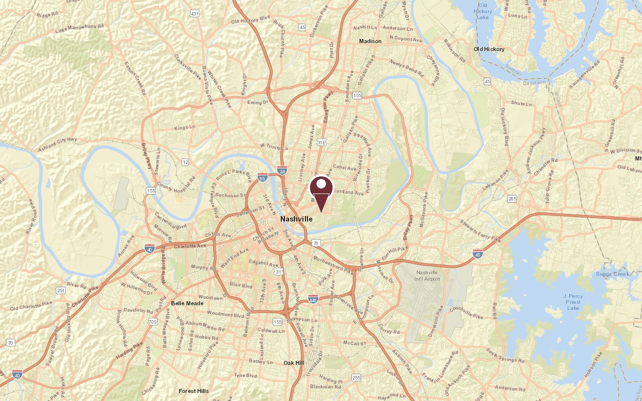 Map of East Nashville in context, with a pin on Five Points and Downtown Nashville across the Cumberland River