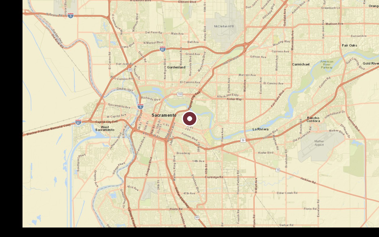 Map of East Sacramento in context, with a pin on the neighborhood, downtown Sacramento to the west, the American River to the north and Sacramento State to the east