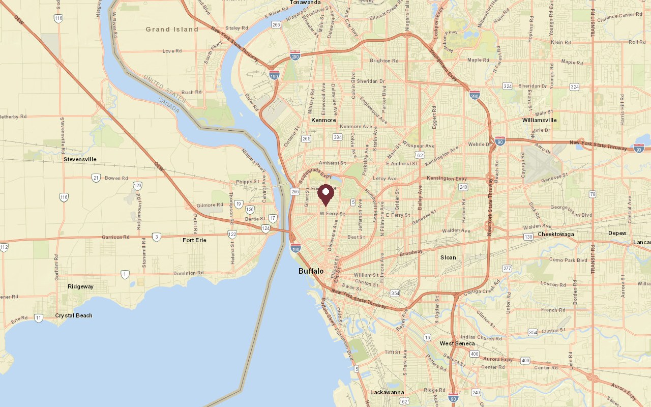 Map of Elmwood Village in context, with a pin on the Elmwood Avenue core and Downtown Buffalo to the south