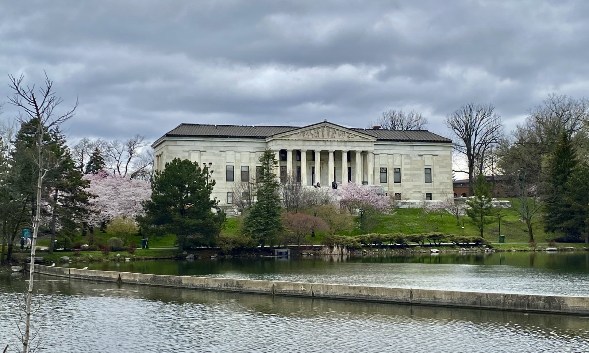 The Buffalo History Museum and its Japanese Garden in cherry blossom season, at Delaware Park