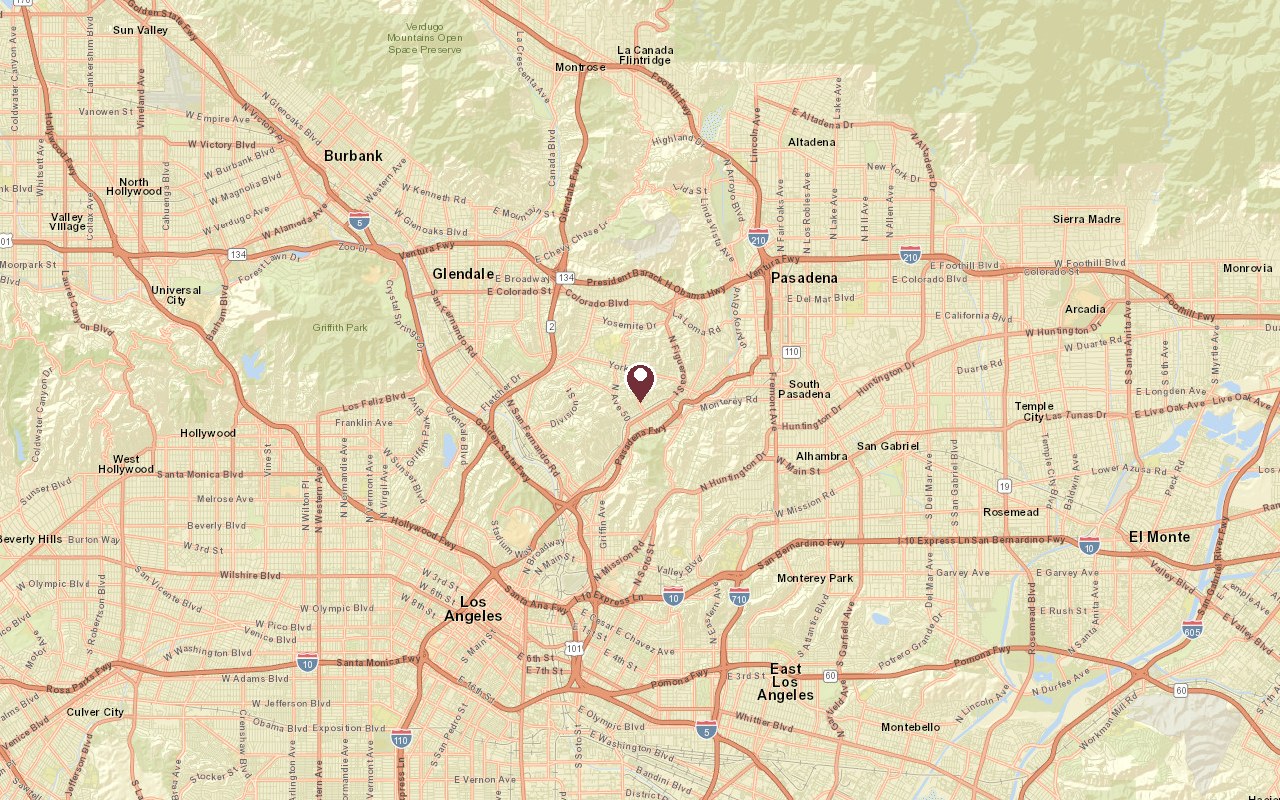 Map of Highland Park, Los Angeles in context, with a pin on the neighborhood and downtown Los Angeles to the southwest