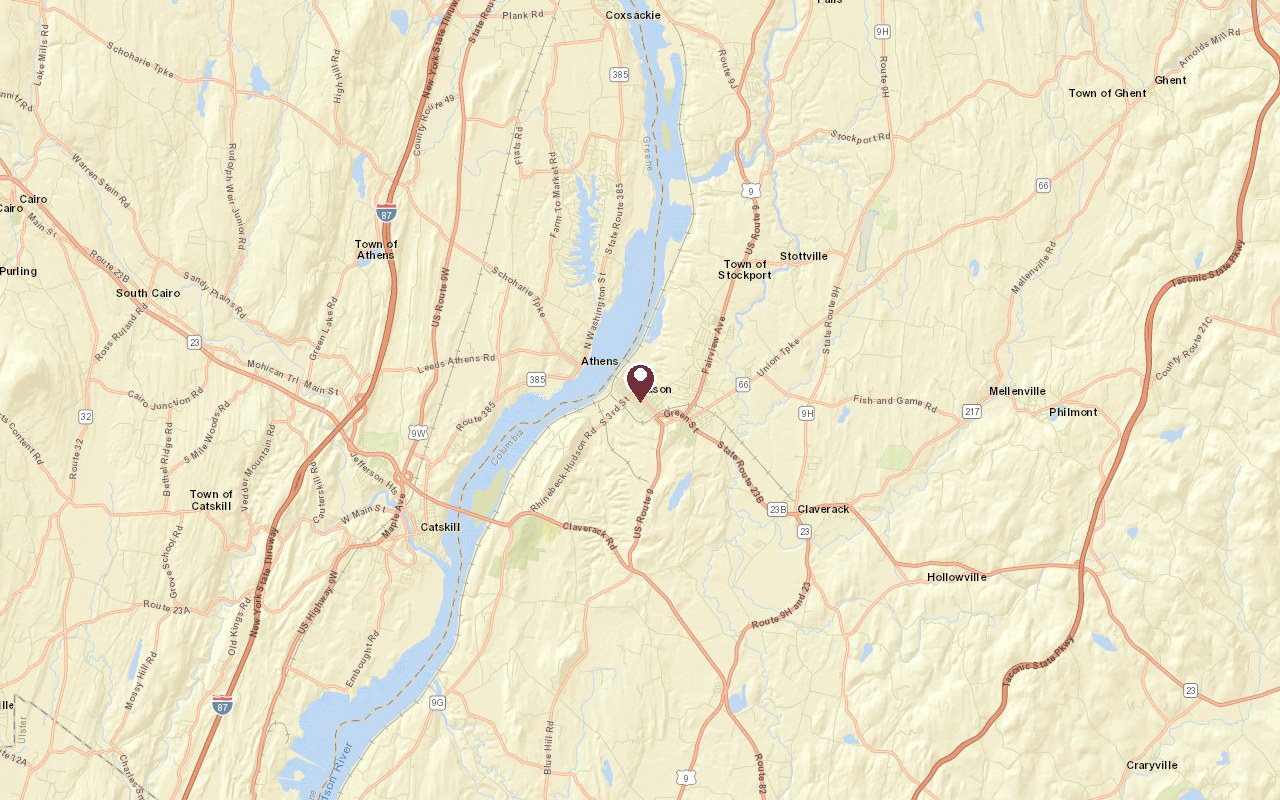 Map of Hudson in context, with a pin on the neighborhood, the Hudson River to the west, Athens across the river, and Olana to the south in Greenport