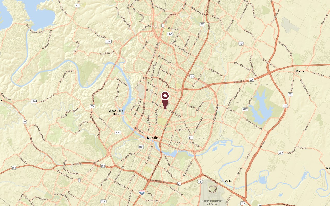 Map of Hyde Park in context, with a pin on the neighborhood and Downtown Austin to the south