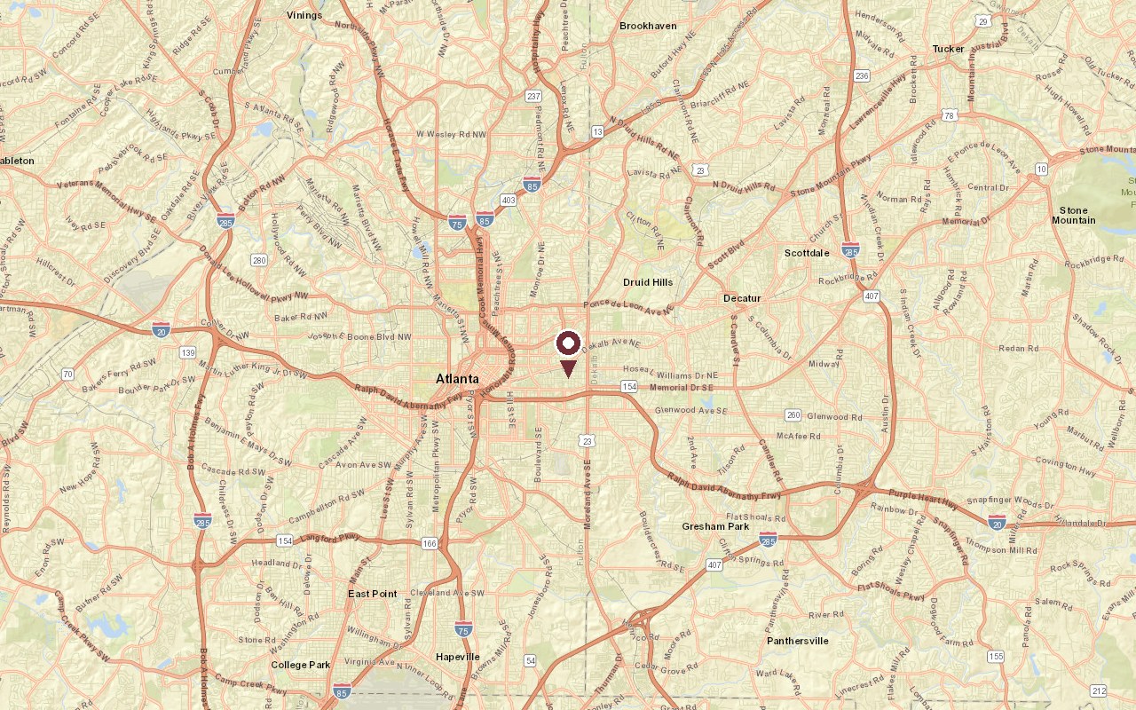 Map of Inman Park, Atlanta in context, with a pin on the neighborhood and downtown Atlanta to the west