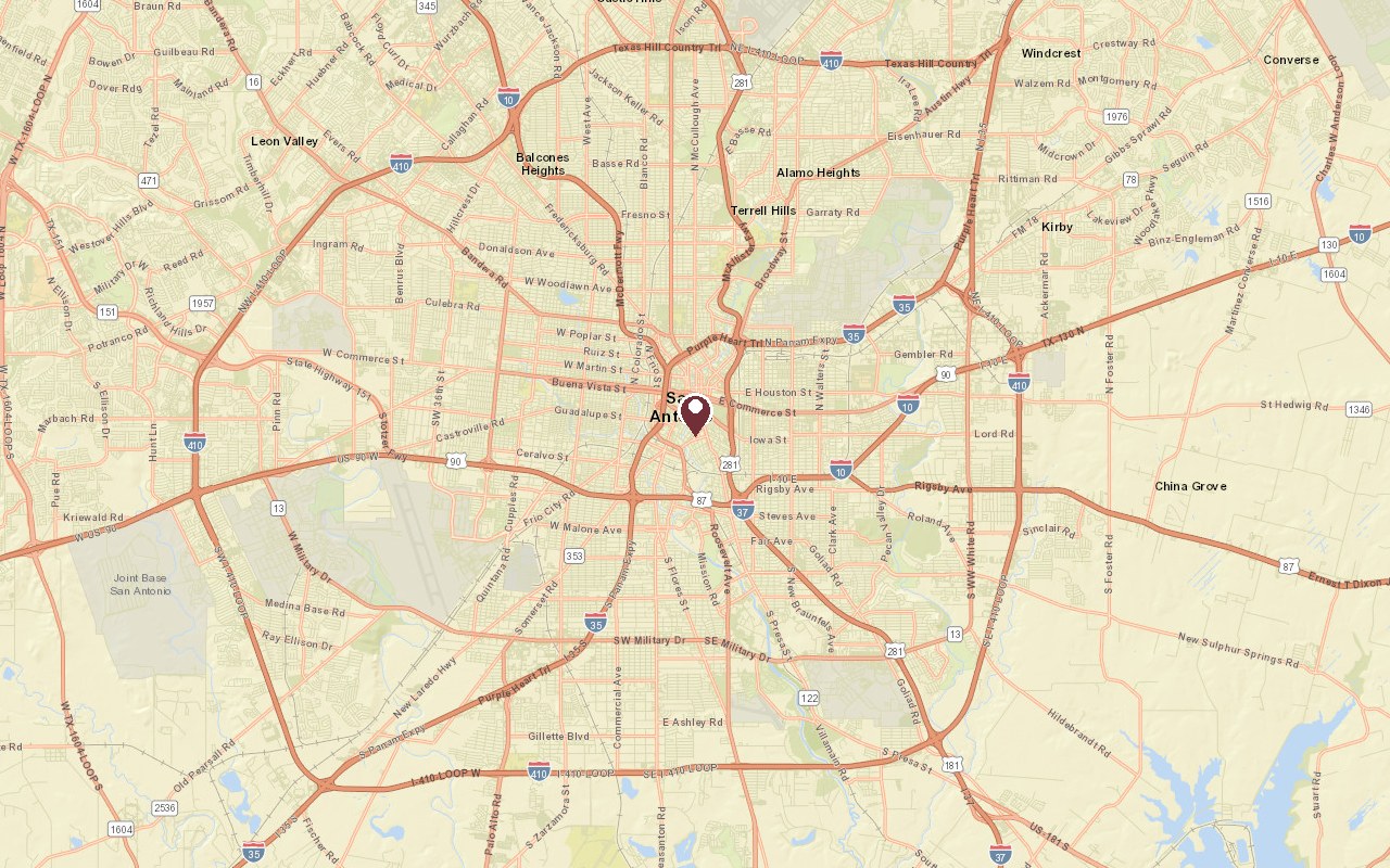 Map of King William, San Antonio in context, with a pin on the neighborhood just south of downtown San Antonio