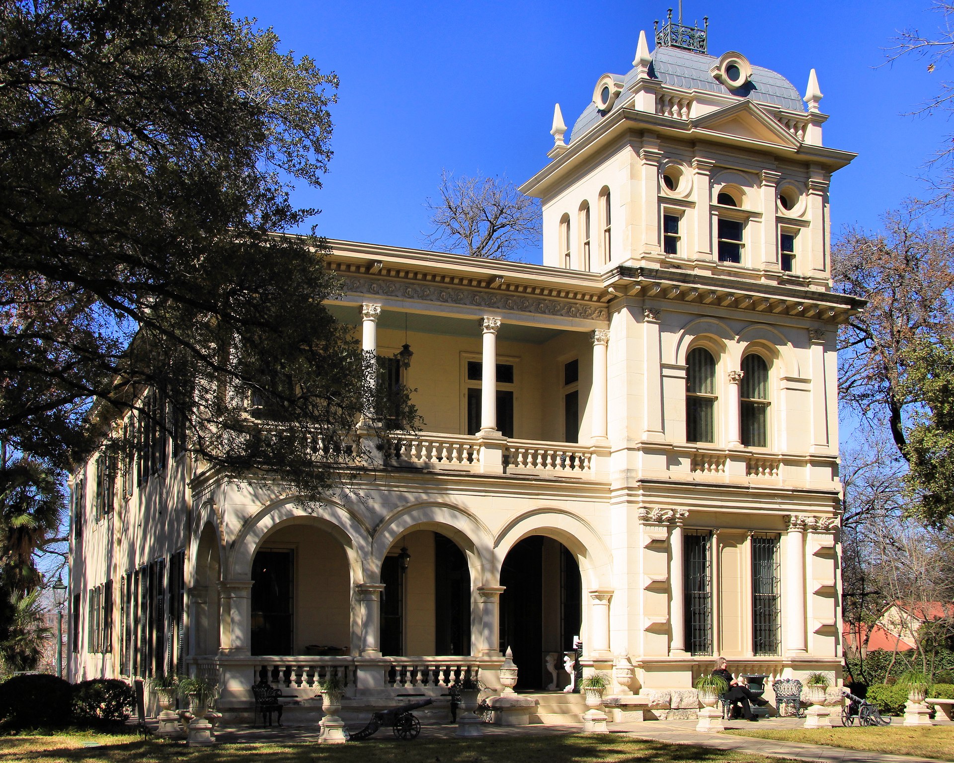 Villa Finale, the Norton-Polk-Mathis House at 401 King William Street in San Antonio, seen from its garden