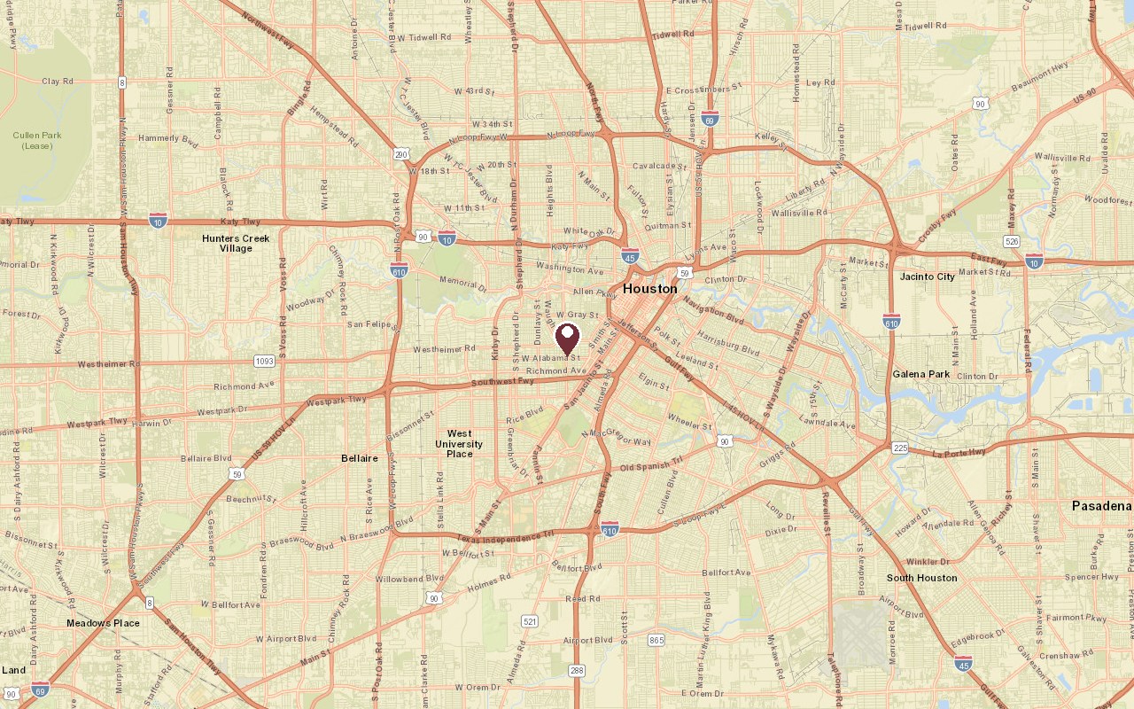 Map of Montrose, Houston in context, with a pin on Montrose and Downtown Houston to the east