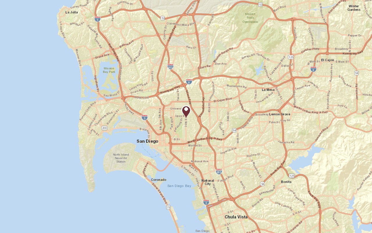 Map of North Park, San Diego in context, with a pin on the neighborhood northeast of Balboa Park and downtown to the southwest