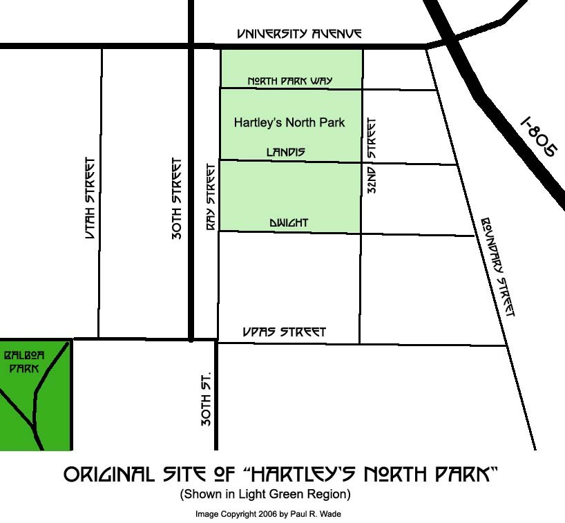 Map of the original site of Hartley's North Park, between Ray Street and 32nd Street below University Avenue, San Diego