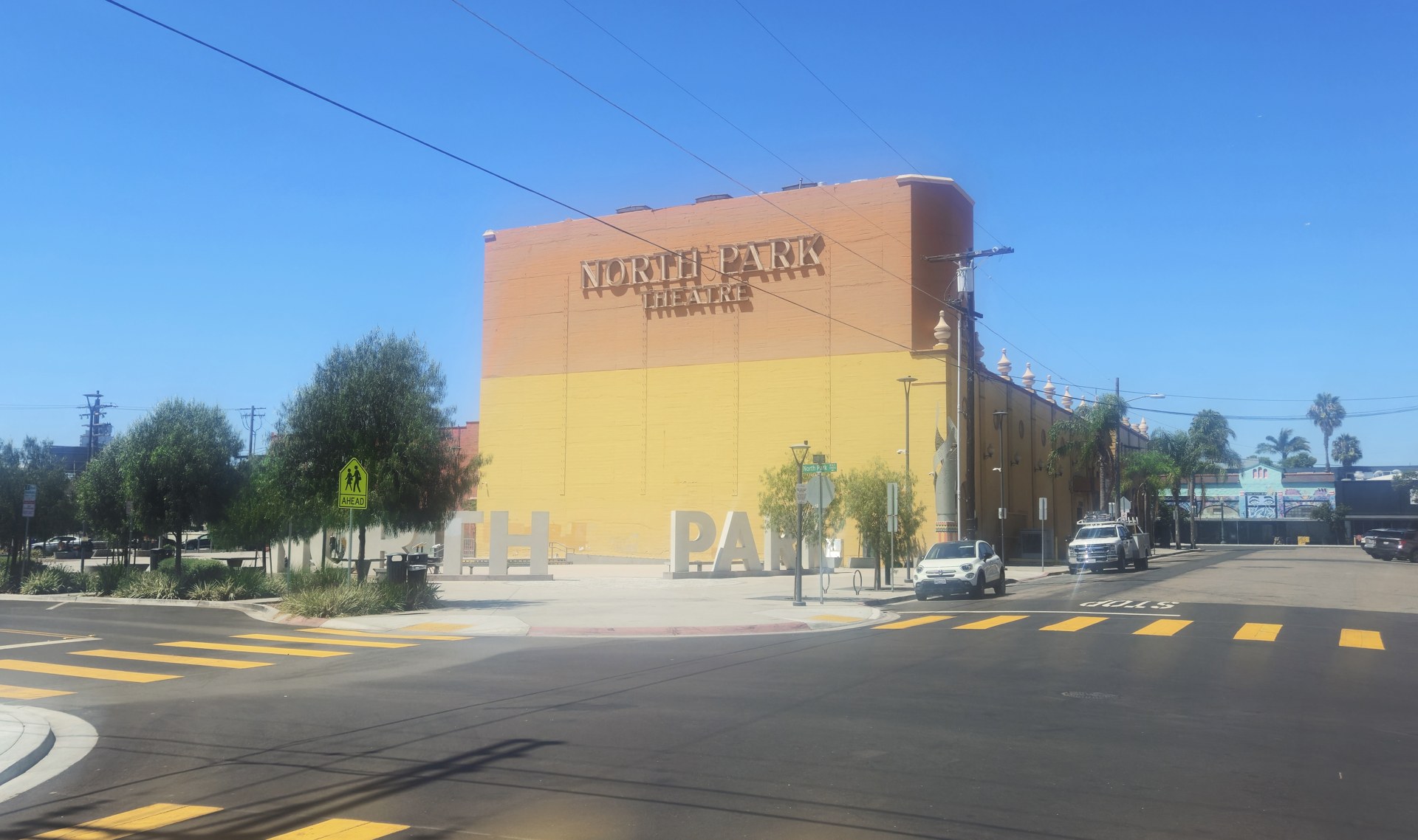 The North Park Theatre sign and Mini Park on University Avenue in North Park, San Diego
