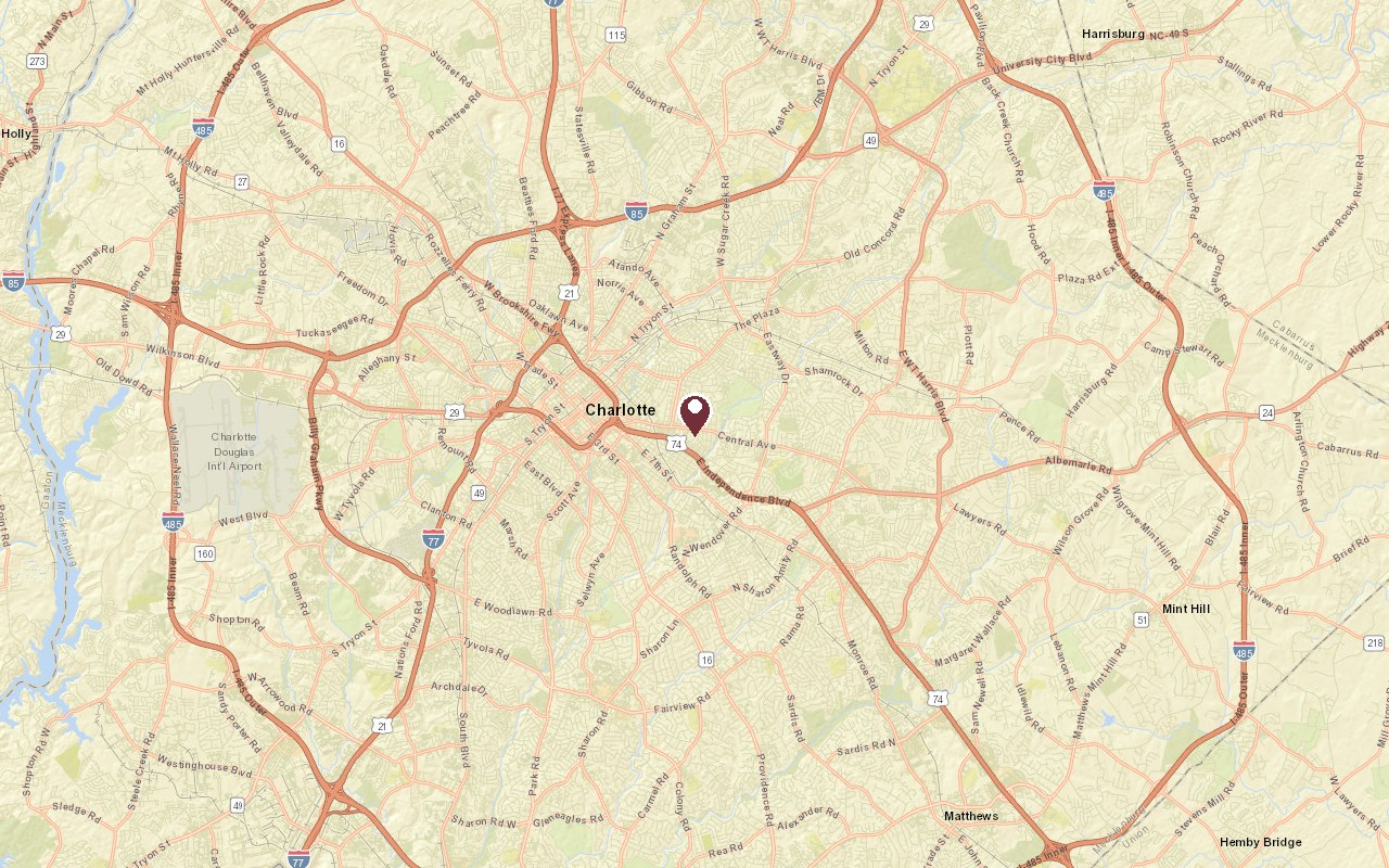 Map of Plaza Midwood, Charlotte in context, with a pin on the neighborhood east of Uptown Charlotte