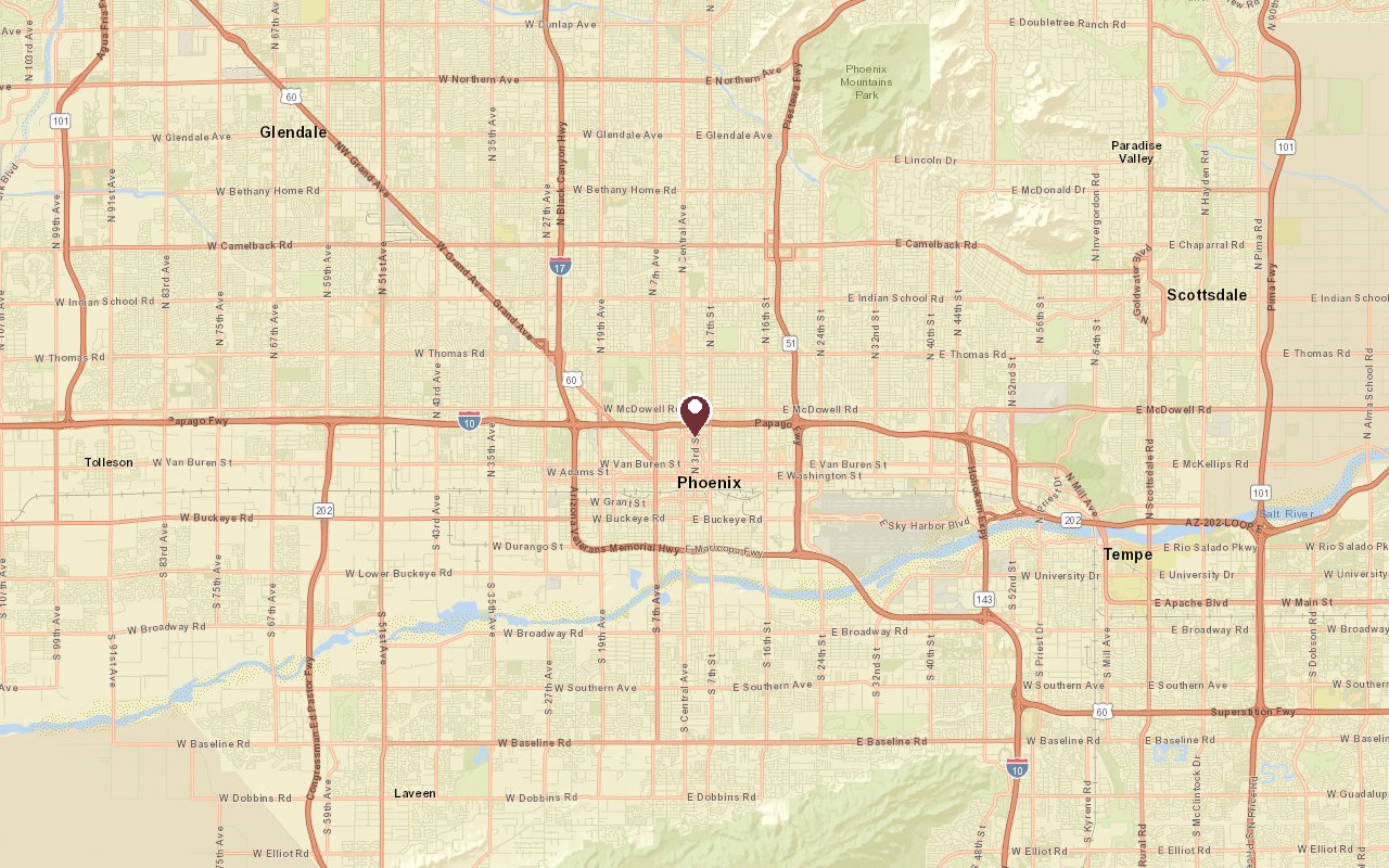 Map of Roosevelt Row, Phoenix in context, with a pin on the neighborhood and the downtown core just south