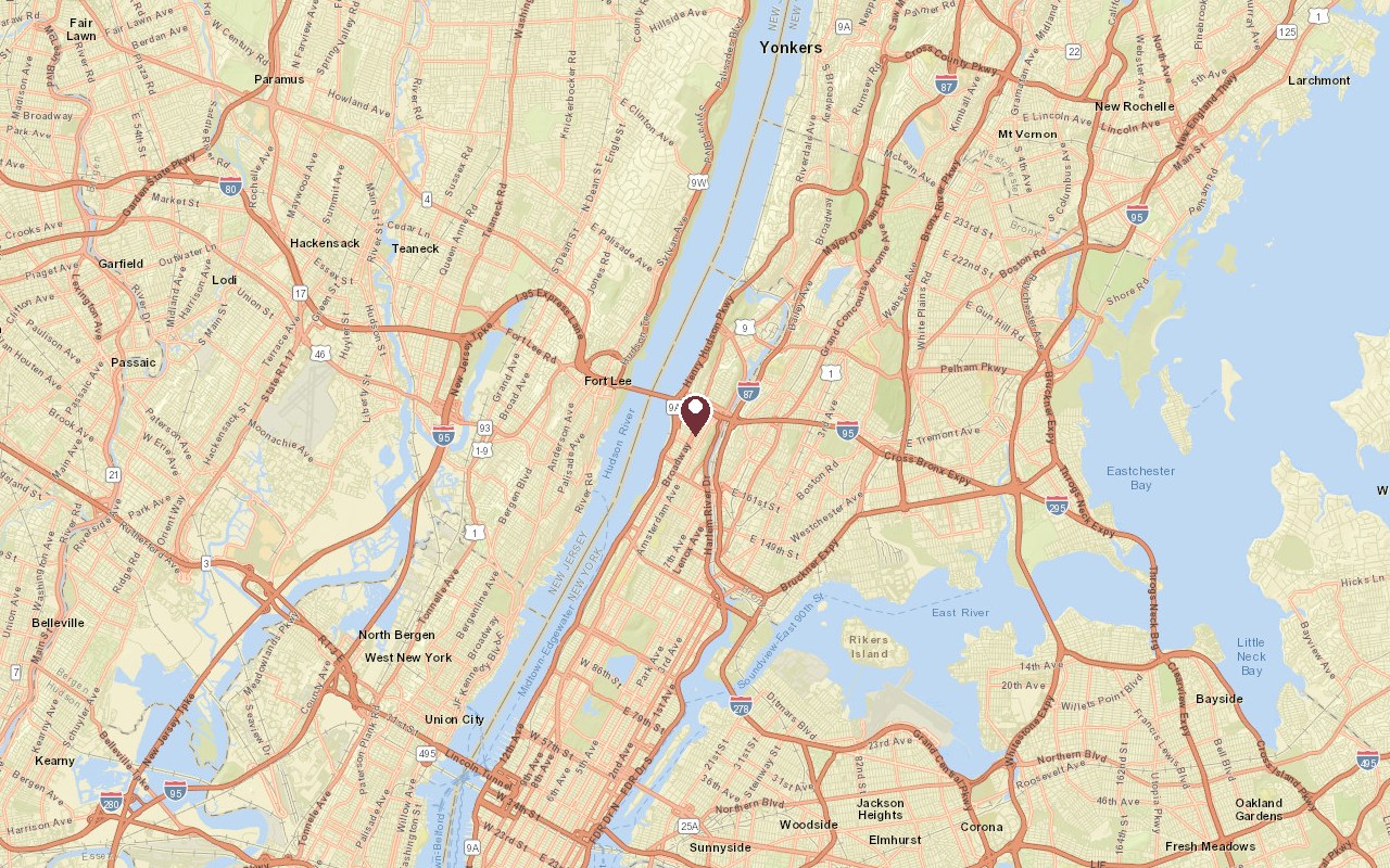 Map of Washington Heights, Manhattan in context, with a pin on the neighborhood and Midtown Manhattan to the south