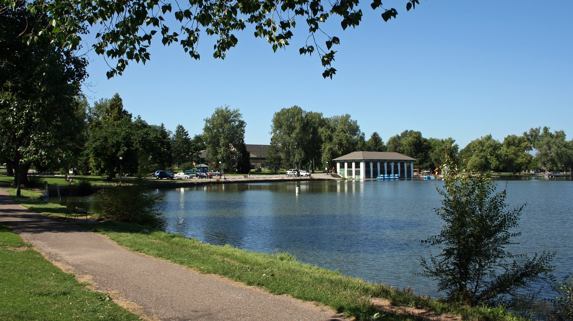 Smith Lake and the 1913 Boat House in Washington Park, Denver, seen from the lakeside path