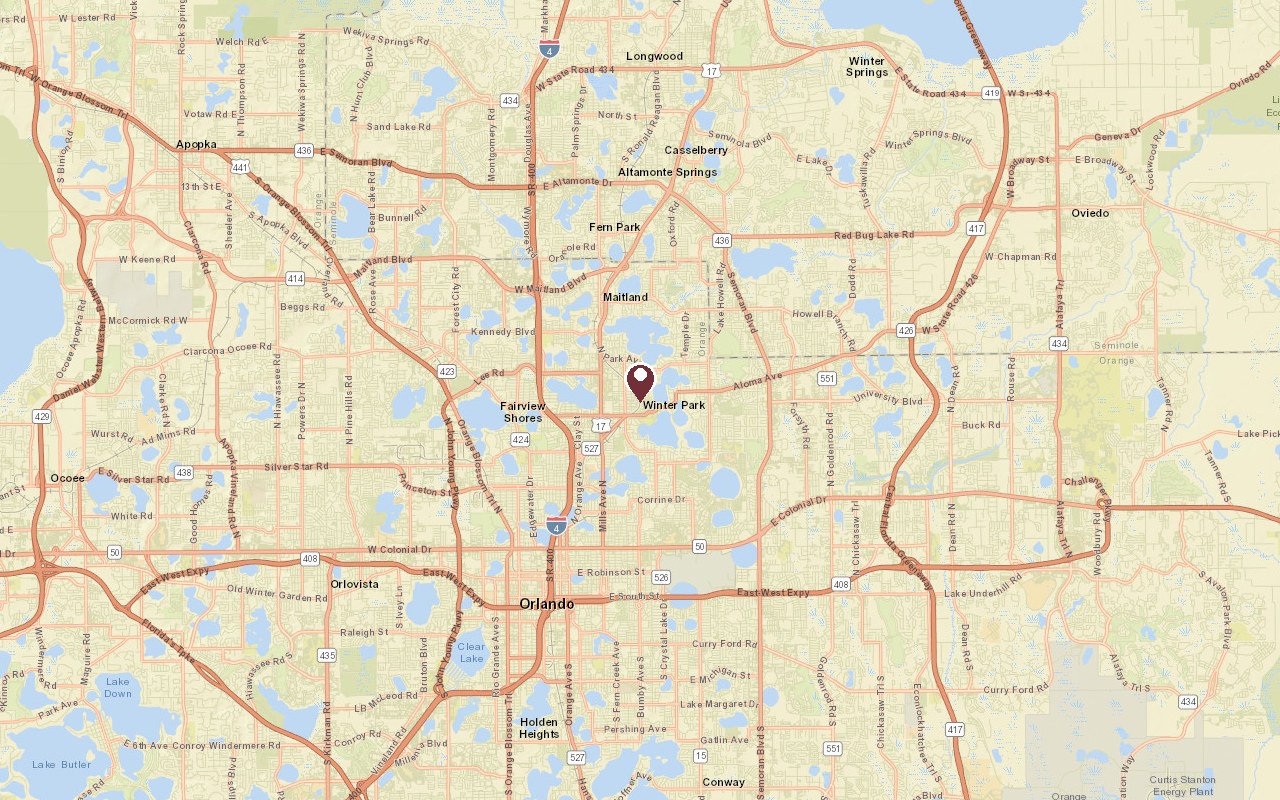 Map of Winter Park in context, with a pin on Park Avenue and Downtown Orlando to the south